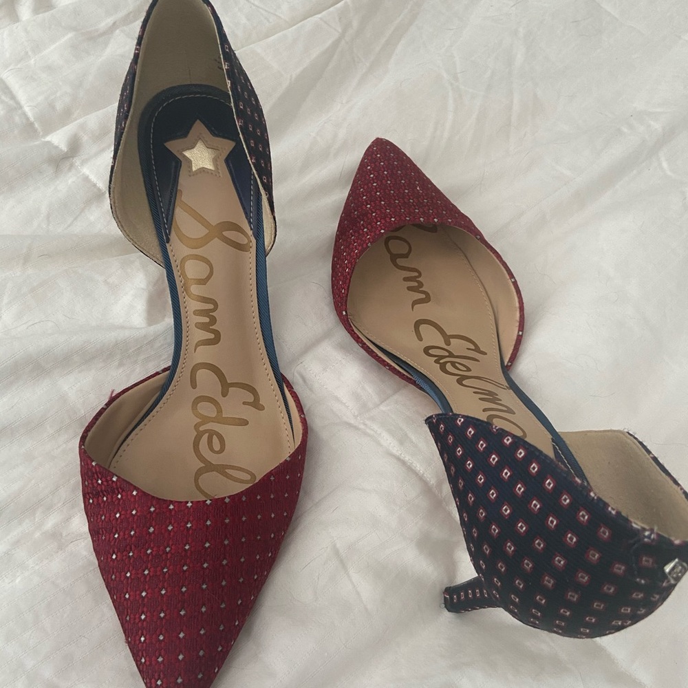 Sam Edelman silk tie print d’Orsay heels